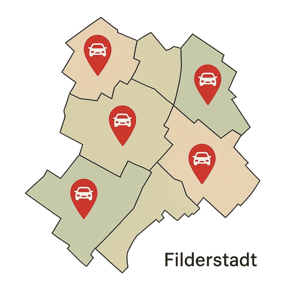 Stadtkarte von Filderstadt mit Markierungen zum Auto Verkaufen rund um Bernhäuser Hauptstraße und Stuttgarter Straße