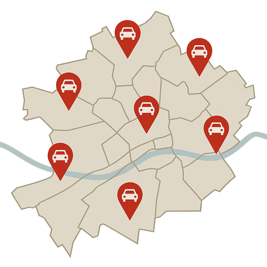 Stadtkarte von Frankfurt am Main mit Markierungen für Fahrzeugankauf in verschiedenen Stadtteilen von Sachsenhausen bis Höchst, ideal zum Auto Verkaufen in der gesamten Region
