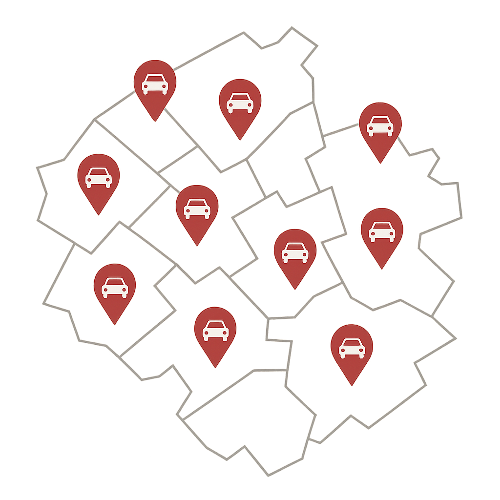 Stadtkarte von Frechen mit Markierungen für Auto Verkaufen und Autoankauf im Korridor zwischen Köln und Düren