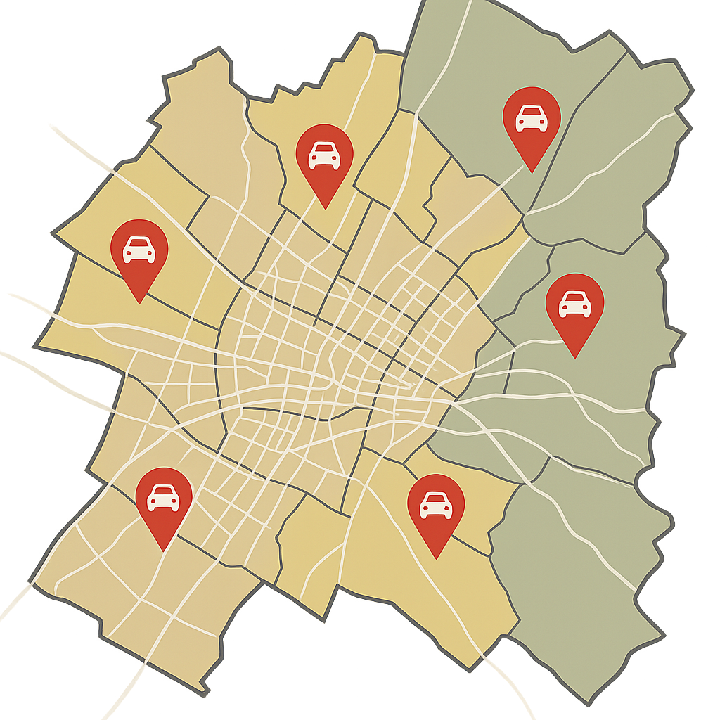 Stadtkarte von Freiburg im Breisgau mit Markierungen für PKW-Ankauf entlang von Kaiser-Joseph-Straße bis Basler Straße