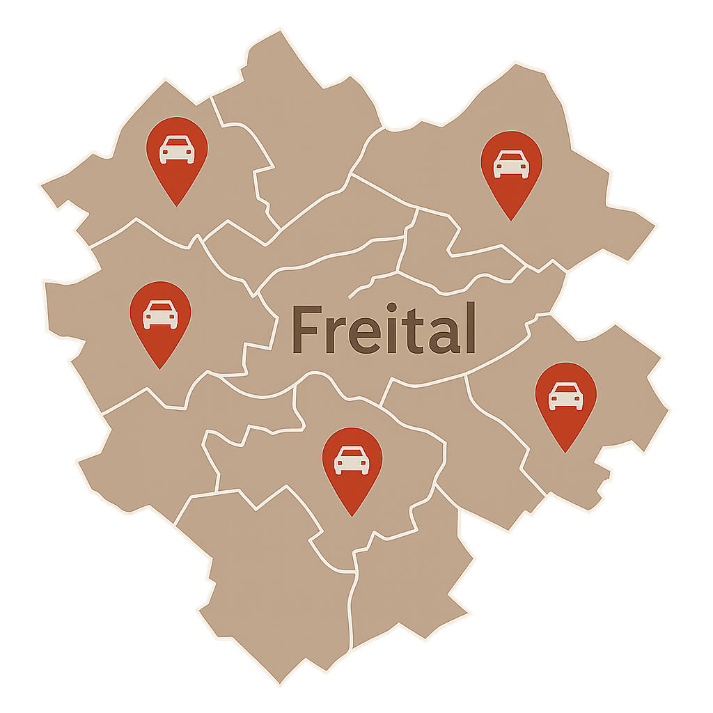 Karte von Freital mit umliegenden Orten rund um Dresden und Markierungen zum Auto Verkaufen in der Region