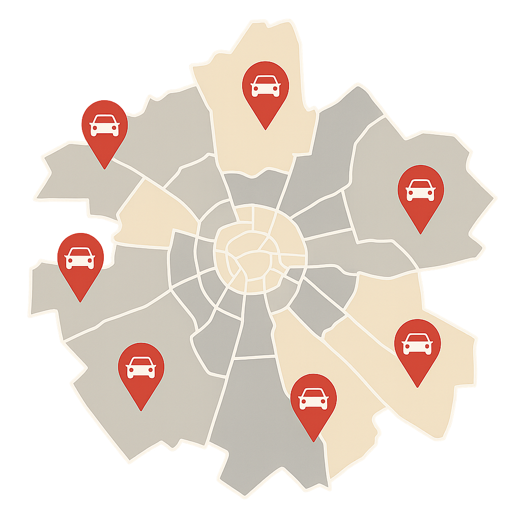 Stadtkarte von Friedberg mit Markierungen für Auto Verkaufen in der Kernstadt und den umliegenden Orten