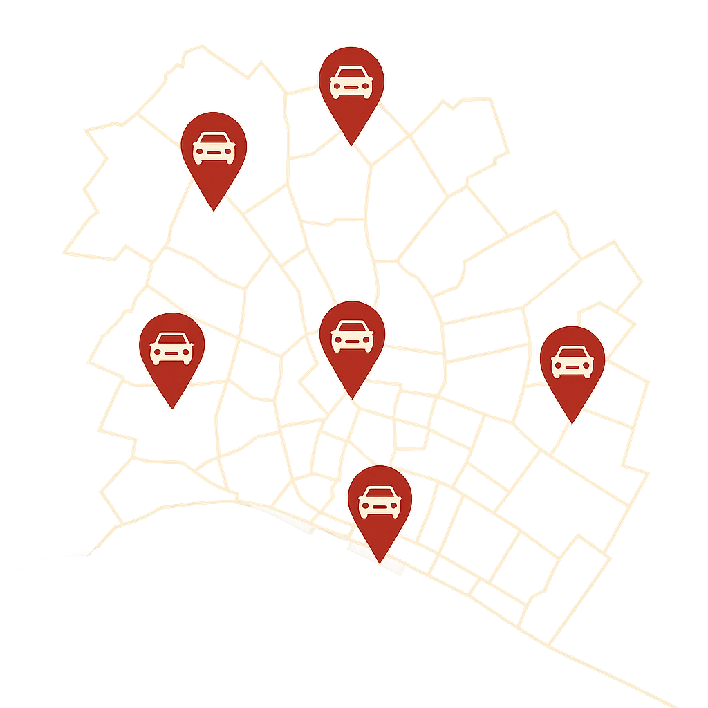 Stadtkarte von Friedrichshafen mit Markierungen für den PKW-Ankauf in Stadtteilen wie Ailingen Hirschlatt Raderach und Berg um ein Auto mit Motorschaden oder Getriebeschaden zu Verkaufen
