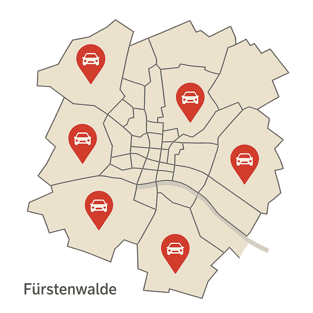 Regionale Karte von Fürstenwalde mit markierten Autosymbolen für den Autoverkauf im gesamten Stadtgebiet