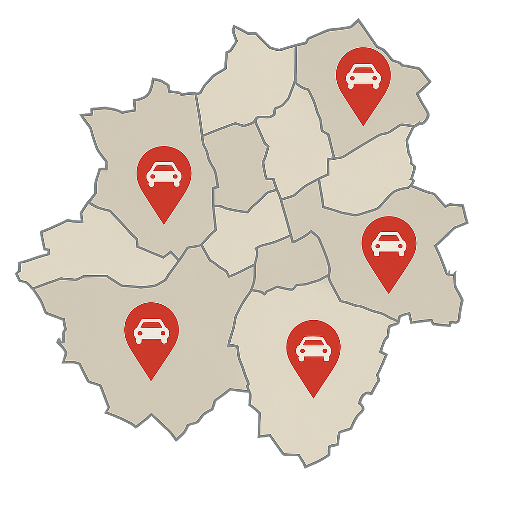 Regionale Stadtkarte mit Markierungen für Autos als Symbol für Auto verkaufen in Gelsenkirchen und Umgebung