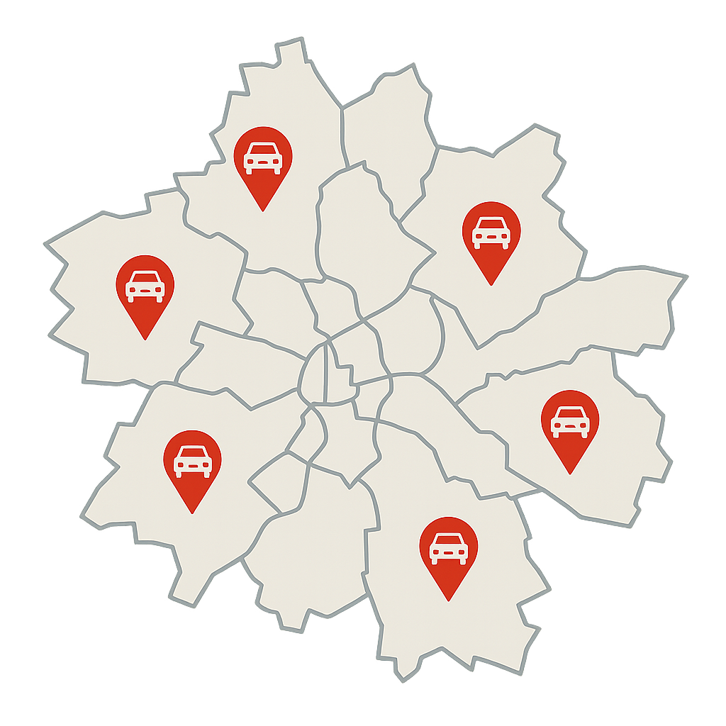 Stadtkarte von Gera mit markierten Standorten für den Auto Verkaufen Service in verschiedenen Stadtteilen