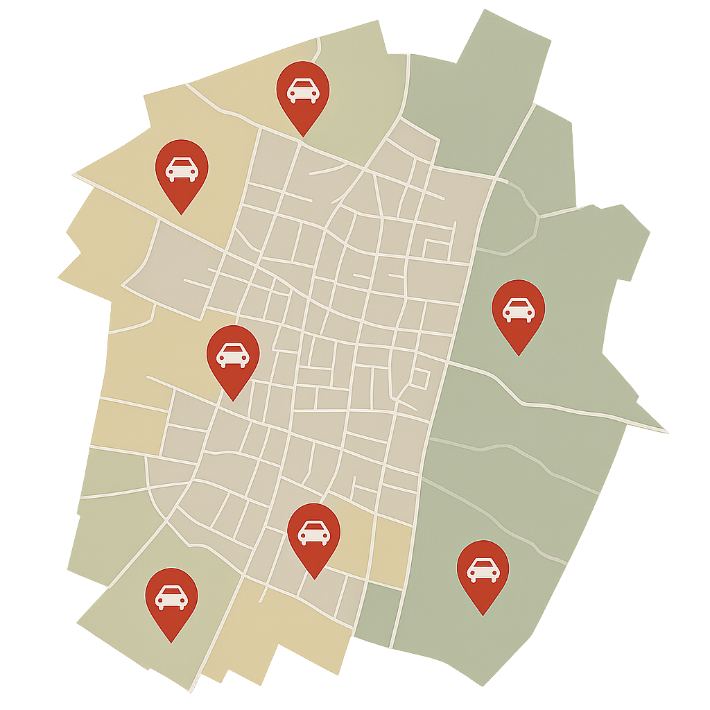 Stadtkarte von Geretsried mit Markierungen für Auto Verkaufen in Sudetenstraße Adalbert Stifter Straße Isarstraße und weiteren Wohngebieten