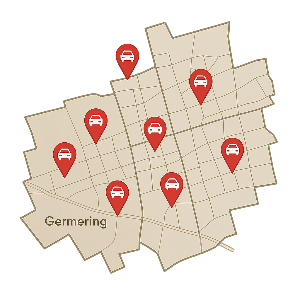 Stadtkarte von Germering mit Markierungen für Standorte zum Auto Verkaufen in der gesamten Stadtregion