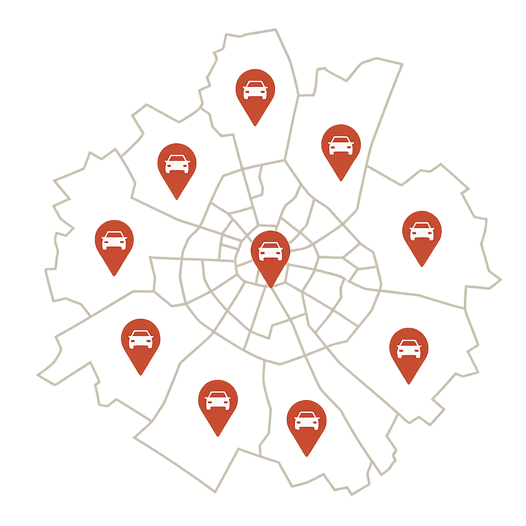 Stadtkarte von Gießen mit Markierungen für den PKW-Ankauf entlang von Frankfurter Straße und Marburger Straße