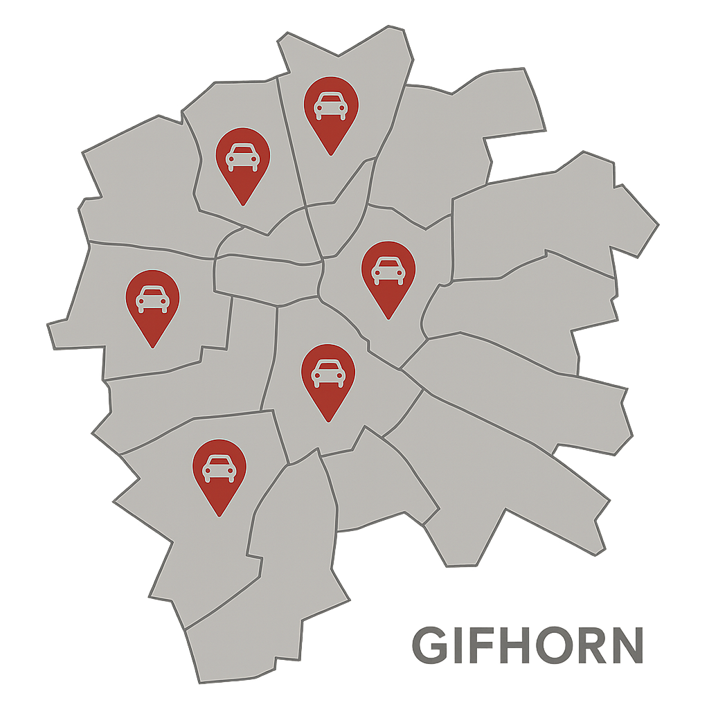 Regionale Stadtkarte Gifhorn für Auto Verkaufen im Landkreis mit Fokus auf Sassenburg Wesendorf und Meinersen