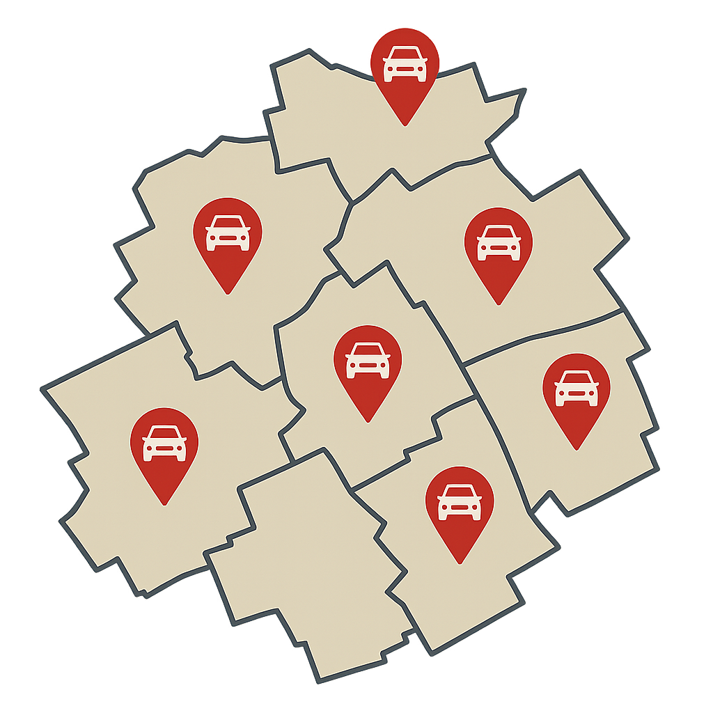 Stadtkarte von Gladbeck mit Markierungen für PKW-Ankauf in allen Stadtteilen rund um Horster Straße und Friedrich-Ebert-Straße
