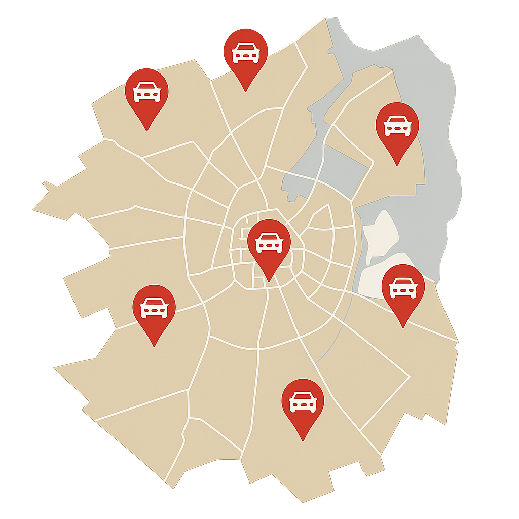 Stadtkarte von Greifswald mit Markierungen für den PKW-Ankauf in allen Vierteln von Innenstadt über Schönwalde II bis zu Ostseeviertel und Fleischervorstadt, um das Auto Verkaufen im gesamten Stadtgebiet darzustellen
