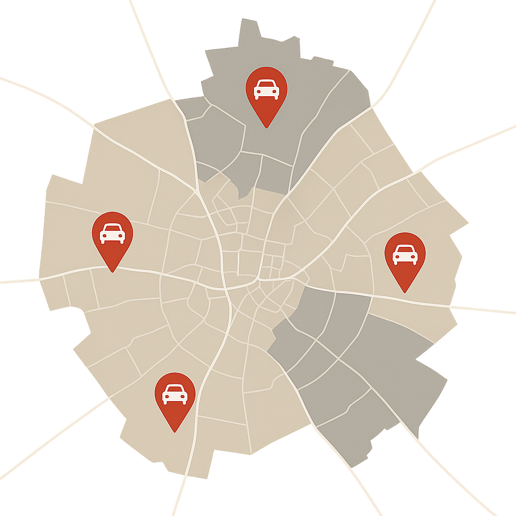 Stadtkarte von Greven mit Markierungen zum Auto Verkaufen in Straßenzügen wie Kardinal-von-Galen-Straße Martinistraße und Saerbecker Straße