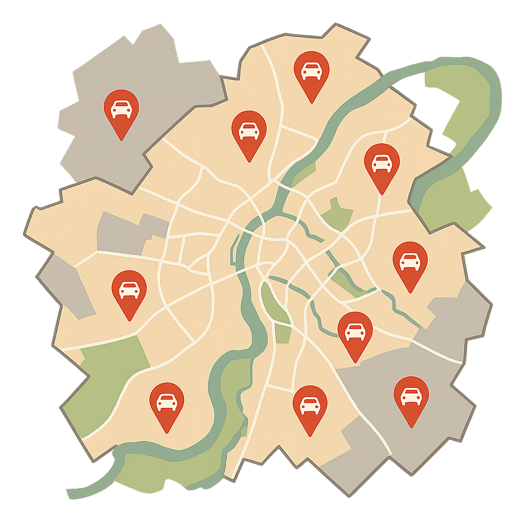 Stadtkarte von Grimma mit Markierungen für Auto Verkaufen entlang Leipziger Straße und Colditzer Straße