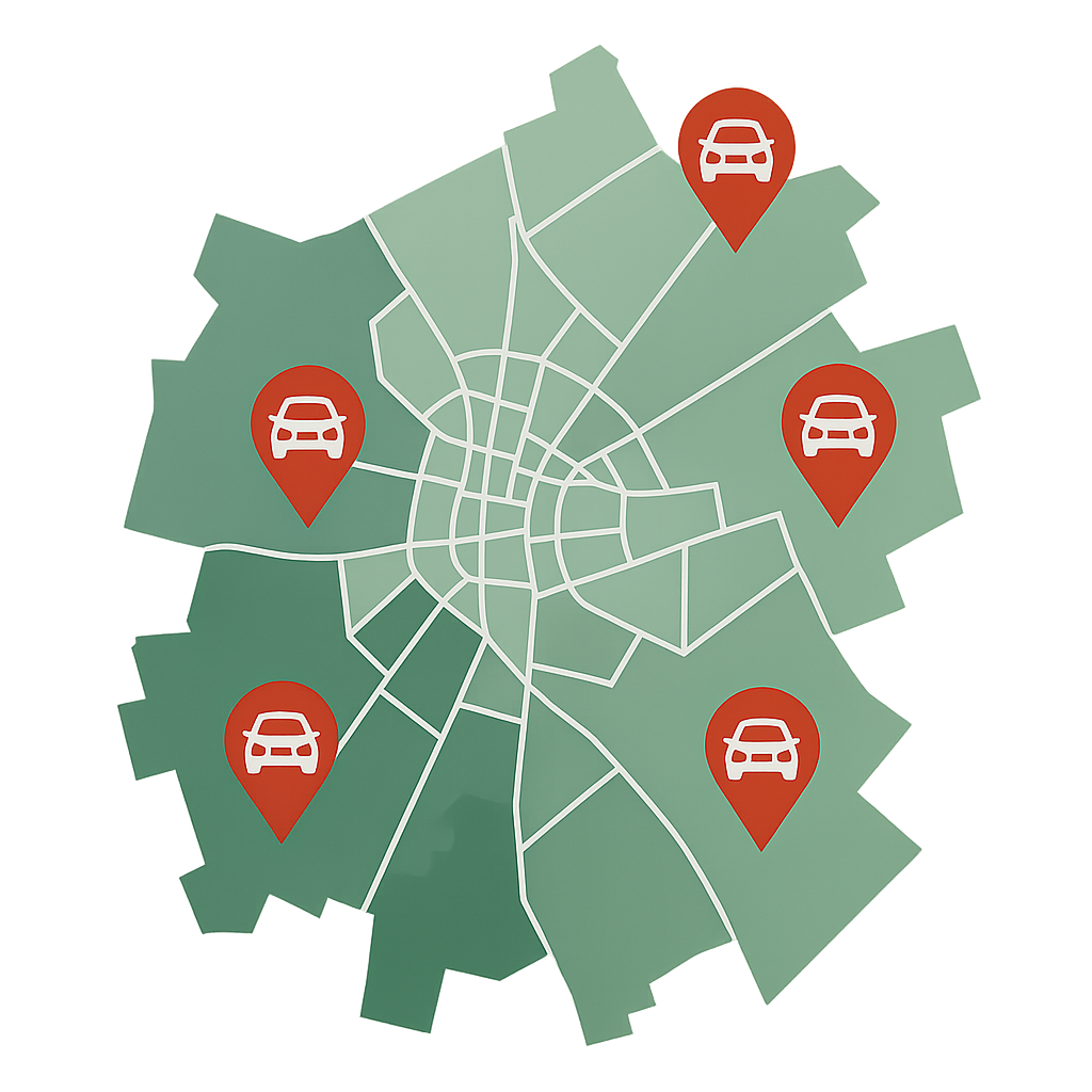 Stadtkarte von Gronau mit Markierungen für lokale Möglichkeiten zum Auto Verkaufen und regionalem Ansprechpartner für verschiedene Fahrzeugtypen