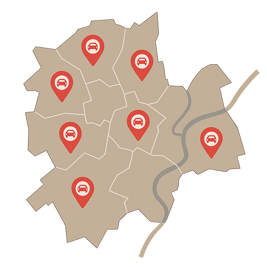 Stadtkarte von Hanau mit Markierungen für den Fahrzeugankauf von defekten Autos in allen Stadtteilen von Kesselstadt bis Großauheim