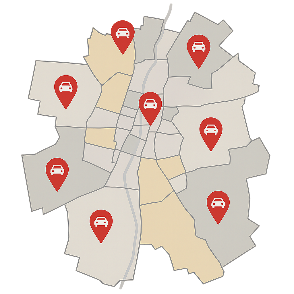 Stadtkarte von Heilbronn mit Markierungen für flächendeckendes Auto Verkaufen in Böckingen, Neckargartach, Sontheim und weiteren Stadtteilen