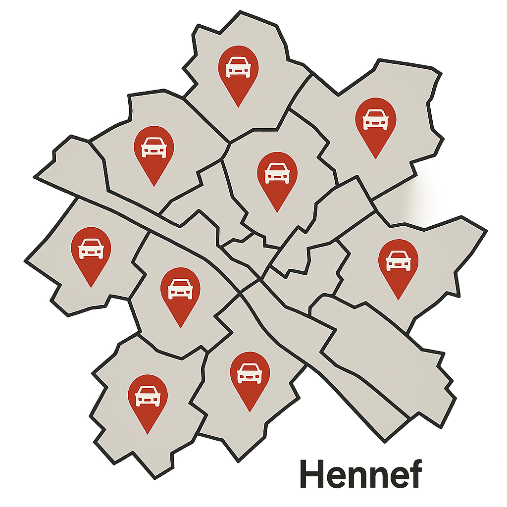 Regionale Stadtkarte von Hennef mit Markierungen für Auto Verkaufen und Fahrzeugankauf in verschiedenen Stadtteilen