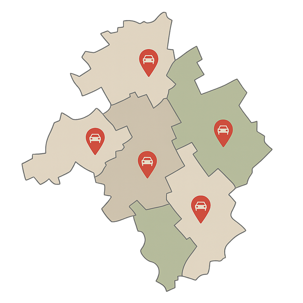 Stadtkarte von Herzogenrath mit Markierungen für Standorte zum Auto Verkaufen entlang von Geilenkirchener Straße und Kohlscheider Straße