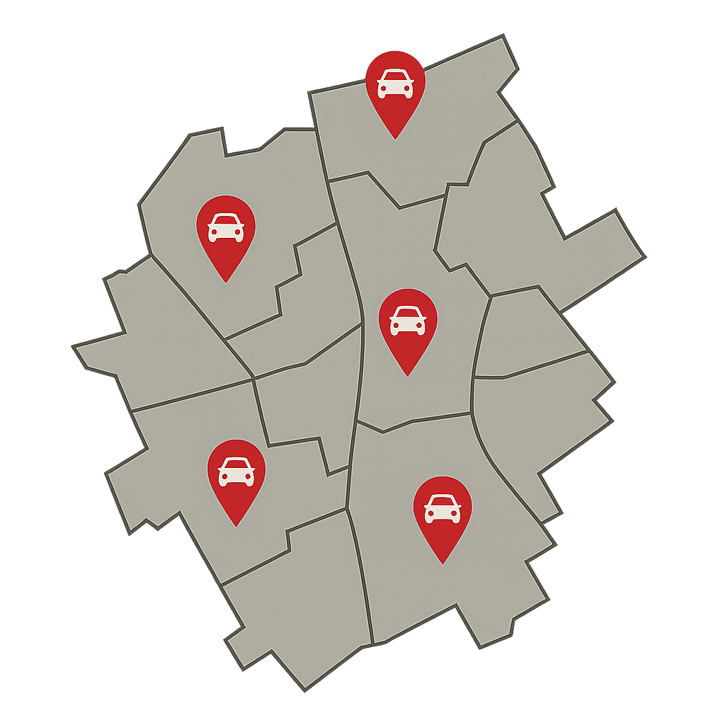 Stadtkarte von Hilden mit Markierungen für alle Stadtteile und Viertel zum Auto Verkaufen für private Halter und Firmenwagen