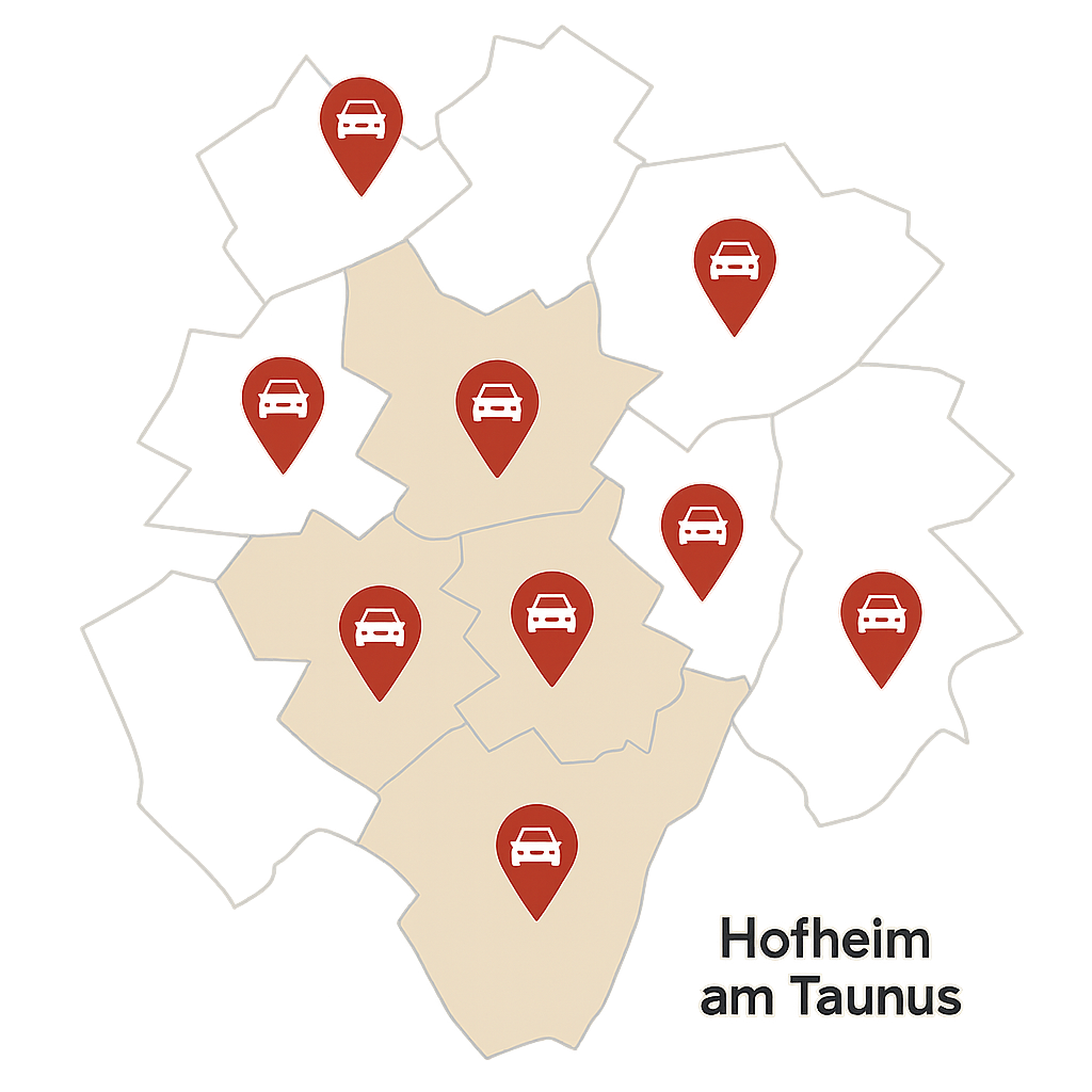 Regionale Stadtkarte für Auto Verkaufen in Hofheim am Taunus mit Markierungen in Kriftel und Hattersheim am Main
