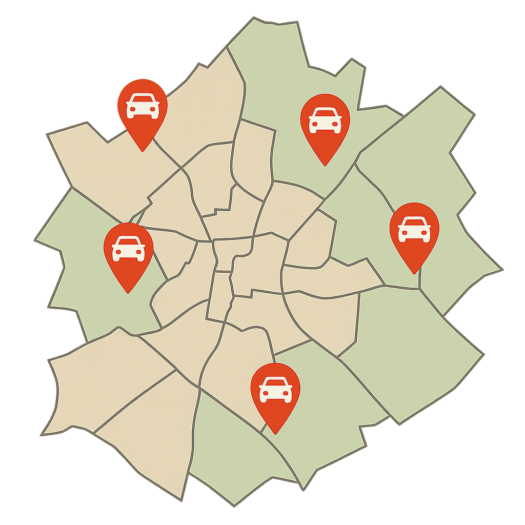 Stadtkarte von Homburg mit Markierungen für den Auto Verkaufen in allen Straßenbereichen von der Talstraße bis zur Kaiserstraße