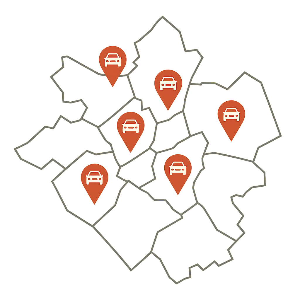 Stadtkarte von Hückelhoven mit Markierungen zum Auto Verkaufen in der Region rund um Erkelenz und Heinsberg