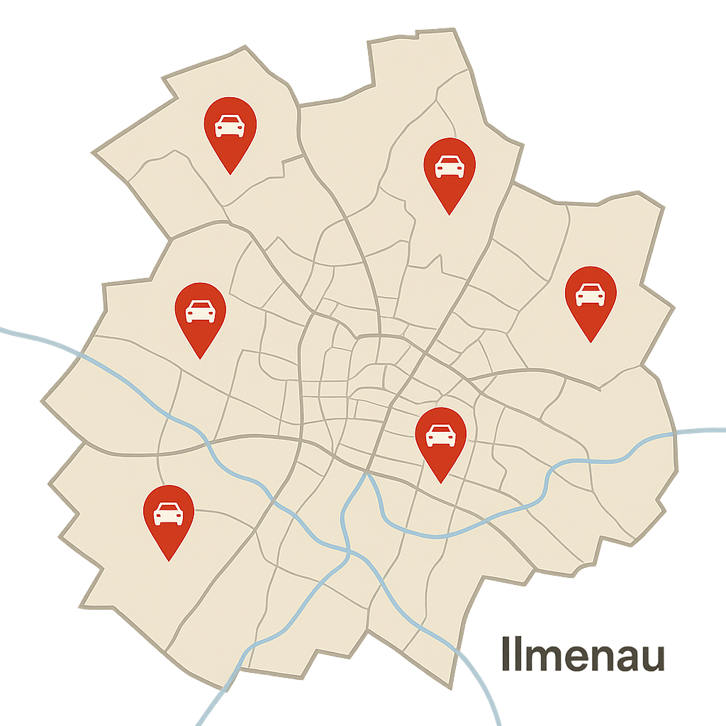 Stadtkarte von Ilmenau mit markierten Standorten für Gebrauchtwagenverkauf in verschiedenen Stadtteilen wie Langewiesen