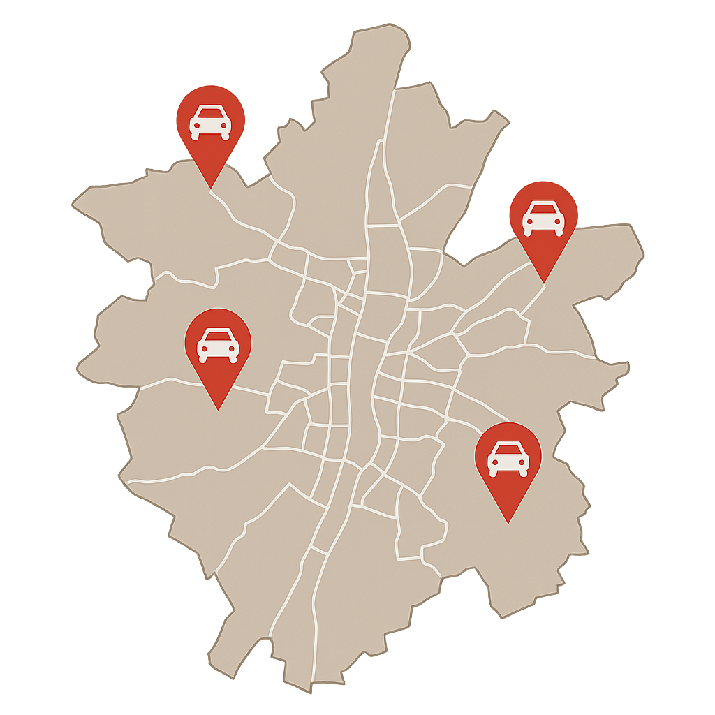 Stadtkarte von Jena mit Markierungen für den PKW-Ankauf in allen Stadtteilen von Jena-Nord bis Lobeda