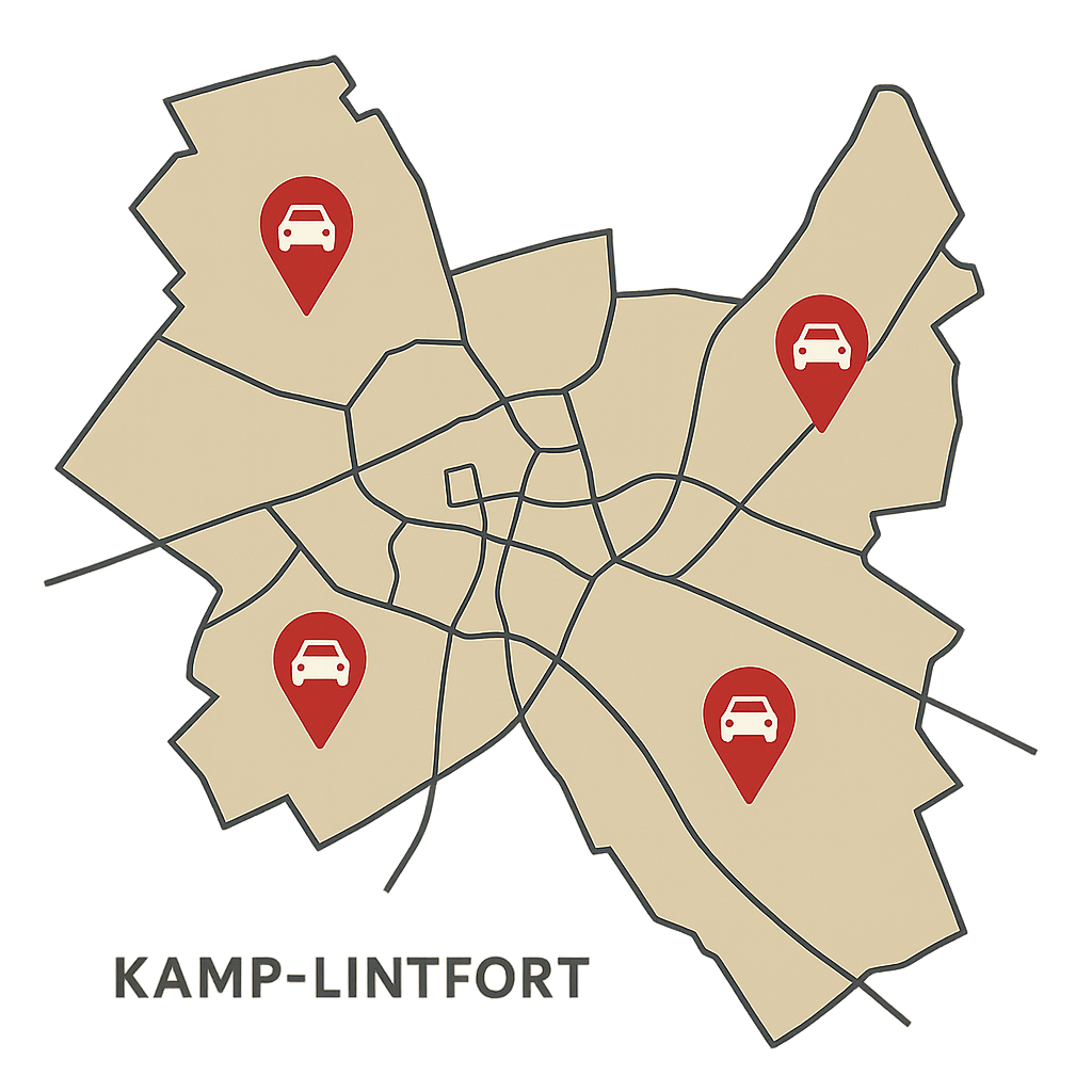 Stadtkarte von Kamp-Lintfort mit Markierungen für Auto Verkaufen in Kamp-Lintfort Moers Neukirchen-Vluyn und Rheinberg