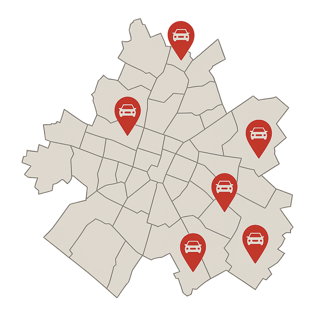 Stadtkarte von Karlsruhe mit markierten Stadtteilen von Durlach bis Mühlburg für den PKW-Ankauf und die Abholung von Fahrzeugen im gesamten Stadtgebiet