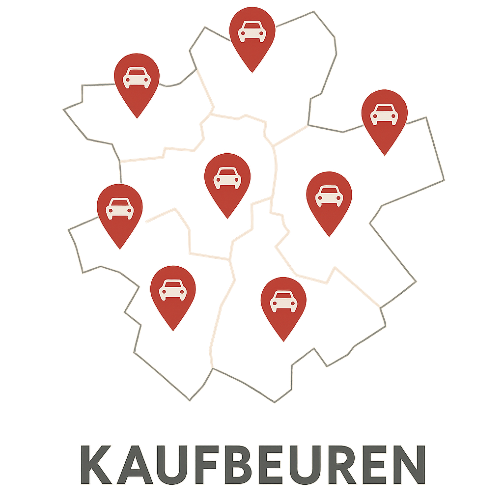 Stadtkarte von Kaufbeuren mit Markierungen für PKW-Ankauf in allen Bereichen zwischen Kemptener Straße und Mindelheimer Straße