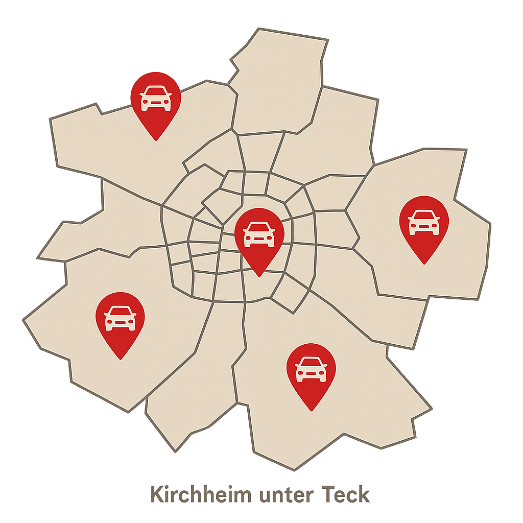 Regionale Karte zum Auto Verkaufen in Kirchheim unter Teck Dettingen unter Teck und Weilheim an der Teck mit markierten Standorten