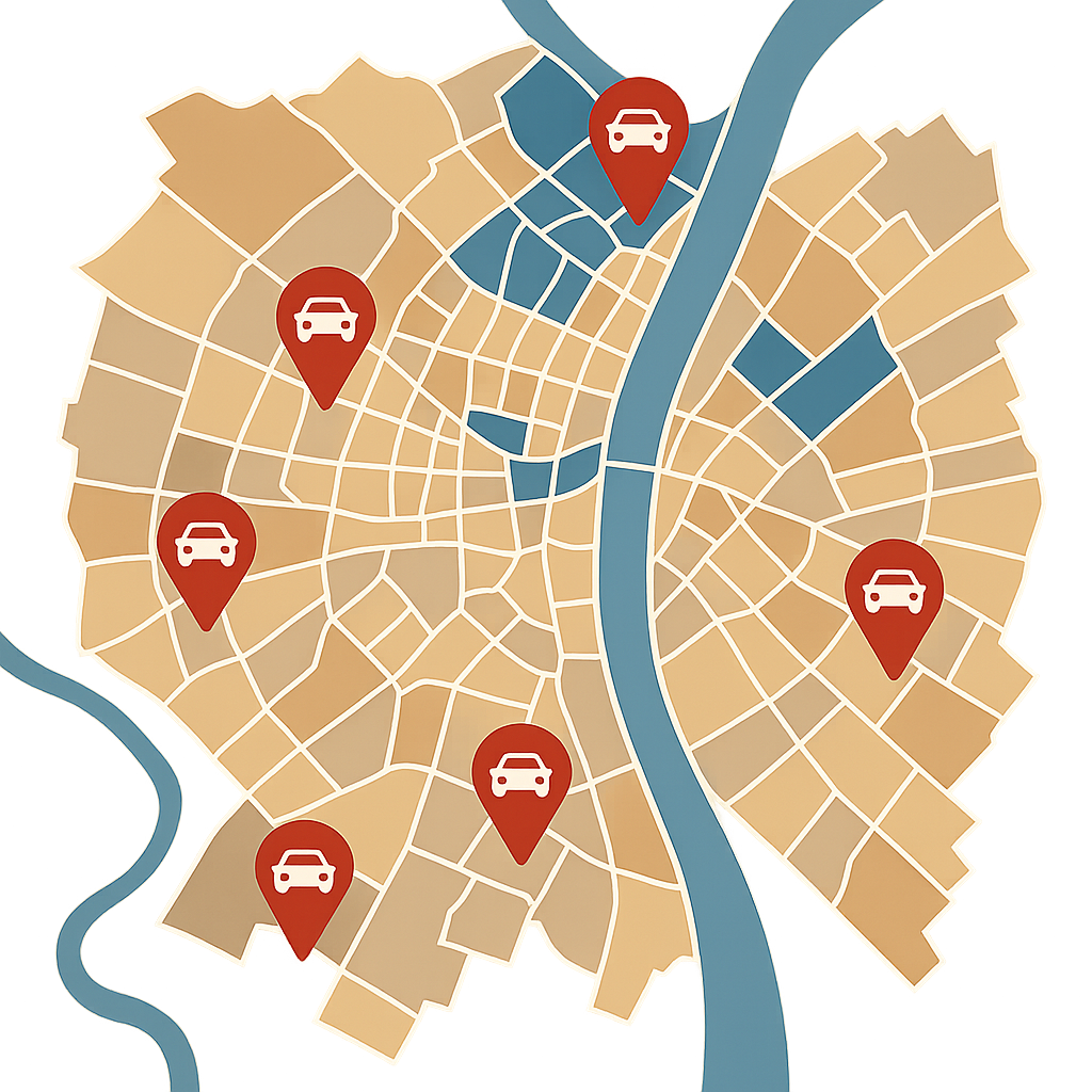 Karte von Koblenz mit markierten Standorten für den Verkauf von Autos in allen Stadtteilen zwischen Moselweißer Straße und Andernacher Straße