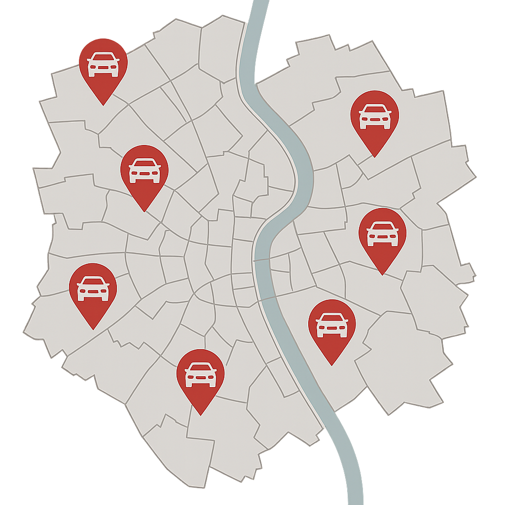 Stadtkarte von Köln mit Markierungen für flexible Autoankauf Standorte für Pendler aus Porz und Rodenkirchen
