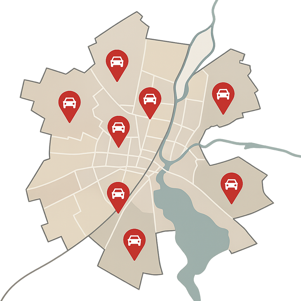 Grafische Stadtkarte von Königs Wusterhausen mit markierten Autosymbolen für den regionalen Fahrzeugverkauf in Zeesen Senzig Niederlehme und umliegenden Ortsteilen