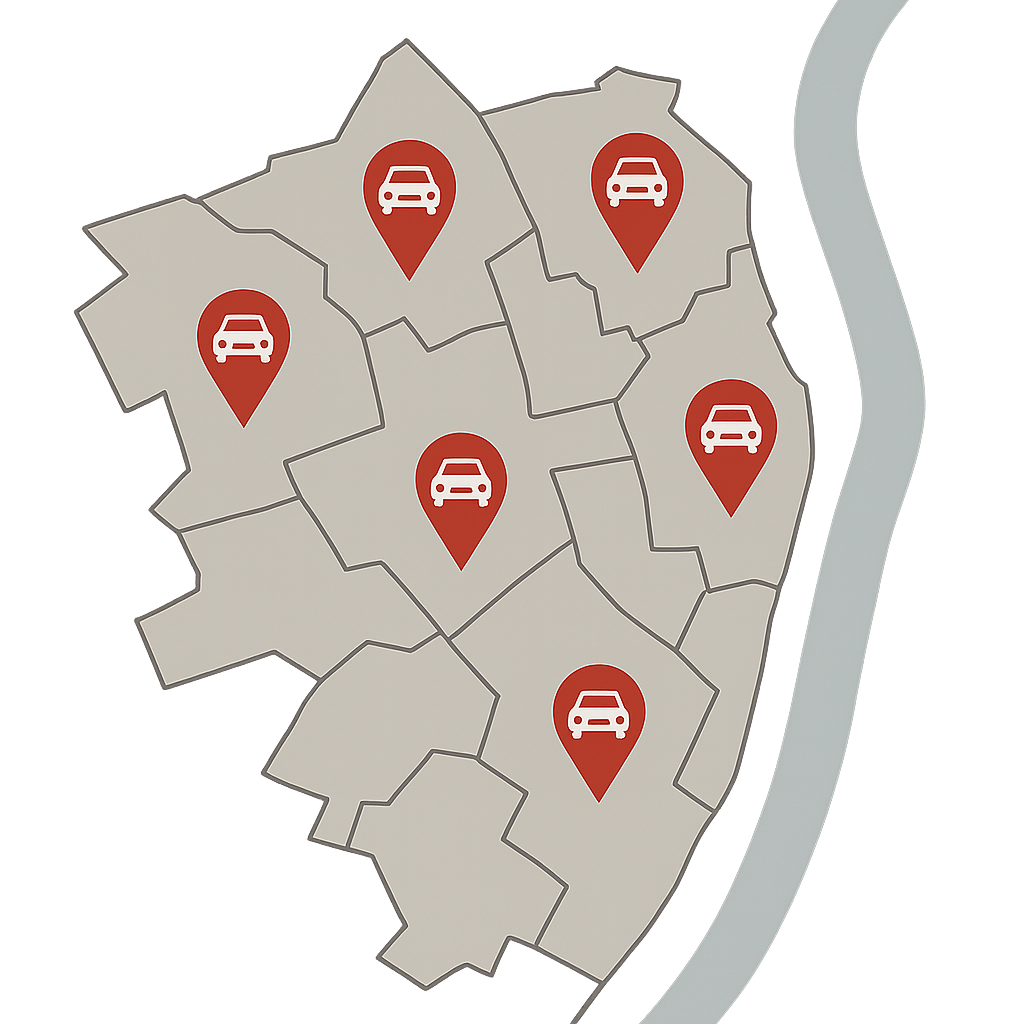 Stadtkarte von Königswinter mit Markierungen für Auto Verkaufen in allen Straßenbereichen von Hauptstraße bis Drachenfelsstraße
