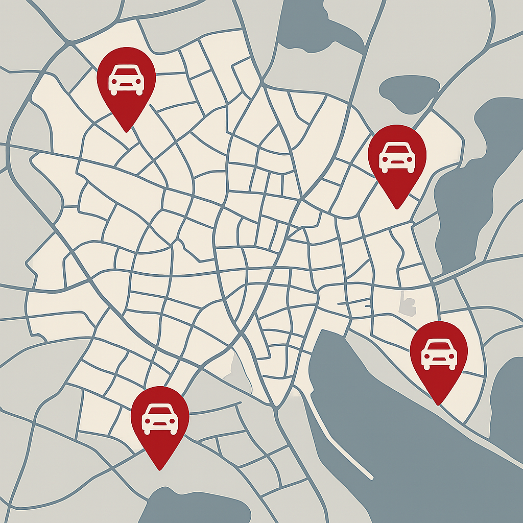 Stadtkarte von Konstanz mit Markierungen für Auto Verkaufen in Bereichen wie Konzilstraße Reichenaustraße Bodanstraße und Seestraße