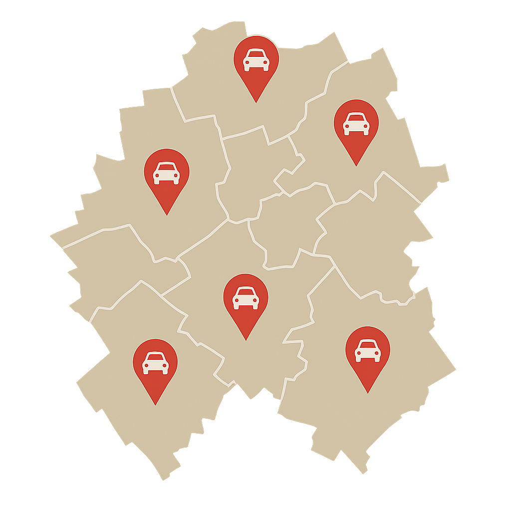 Grafische Stadtkarte von Krefeld mit Markierungen für verkaufte Autos im gesamten Stadtgebiet rund um die Uerdinger Straße und Berliner Straße