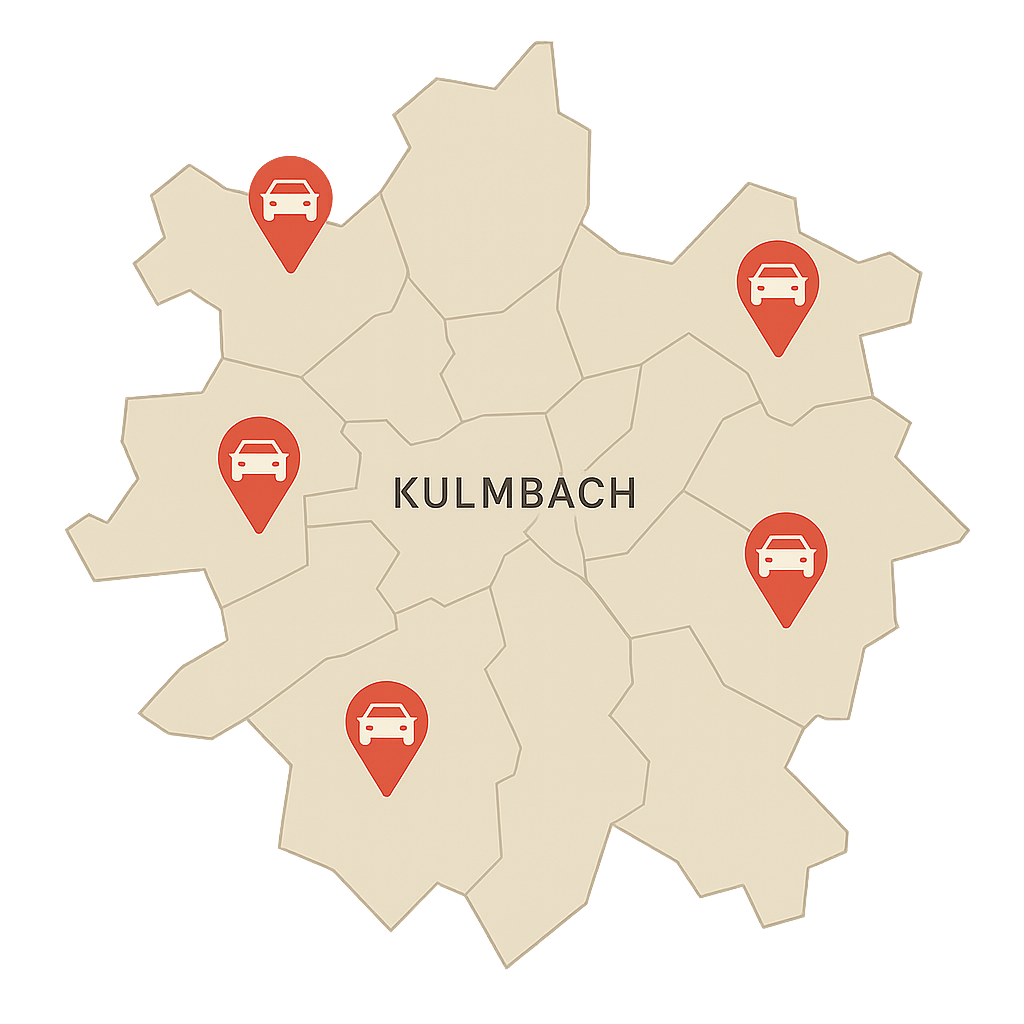 Stadtkarte von Kulmbach mit Markierungen für den PKW-Ankauf in Straßengebieten wie Bayreuther Straße Kronacher Straße Blaich Burghaig Petzmannsberg und Mangersreuth