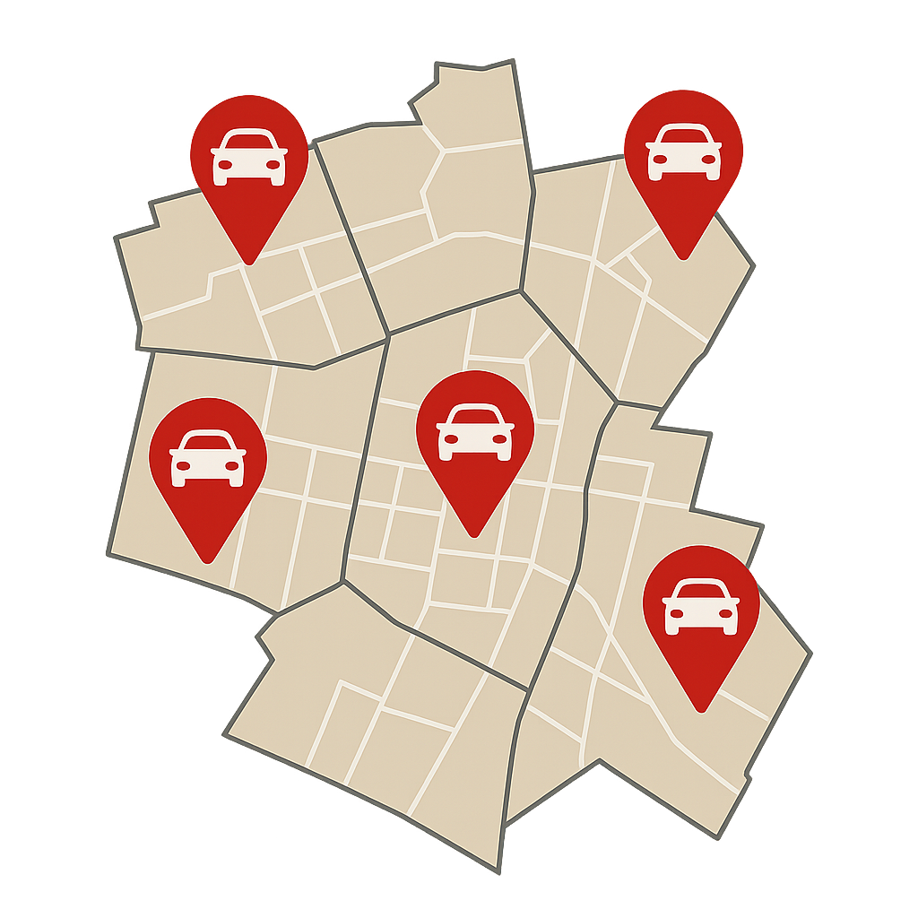 Stadtkarte von Laatzen mit markierten Vierteln wie Laatzen Mitte und Rethen als Symbol für Autos im gesamten Stadtgebiet Verkaufen