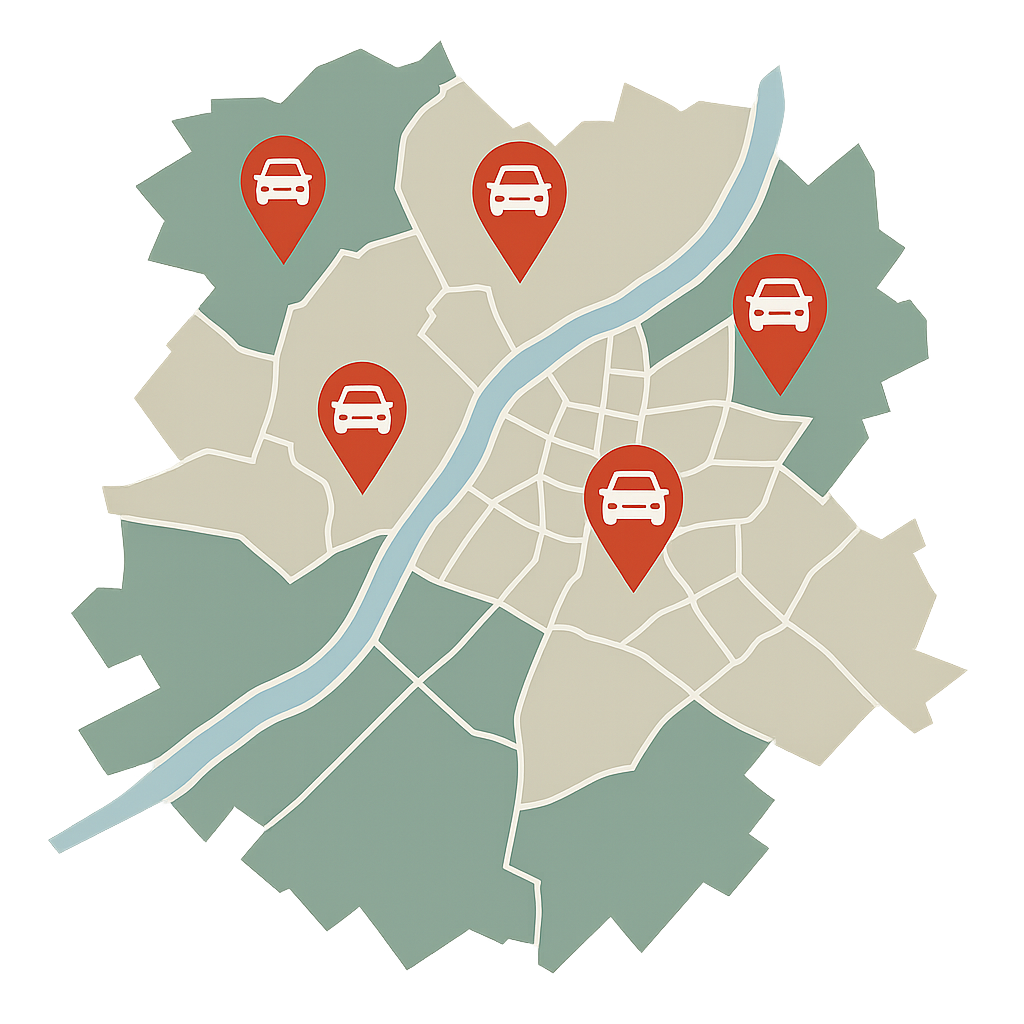 Stadtkarte von Landshut mit Markierungen für den PKW-Ankauf in Landshut Ergolding und Altdorf bei Landshut
