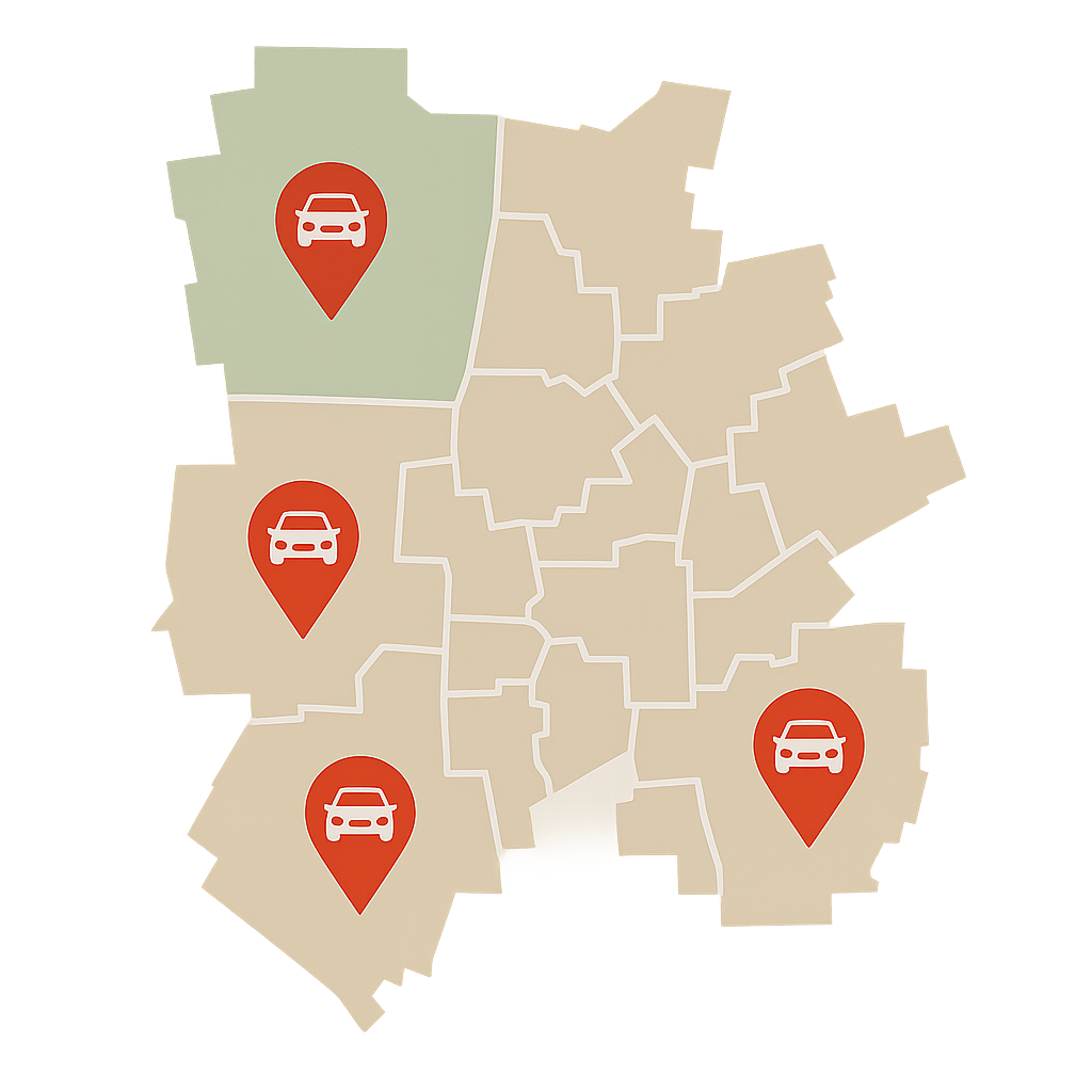 Stadtkarte von Langenhagen mit Markierungen für den stadtweiten Service zum Auto Verkaufen von Engelbostel über Krähenwinkel und Godshorn bis Kaltenweide