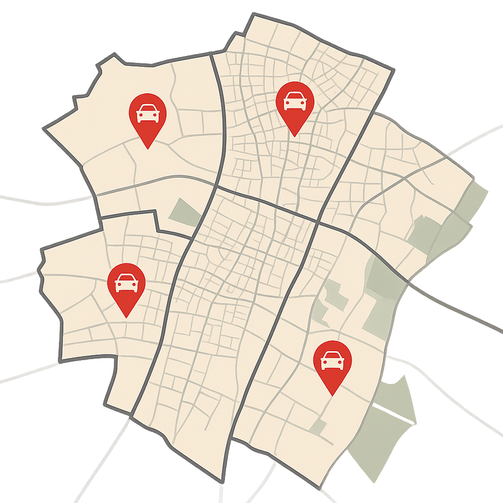 Stadtkarte von Leinfelden Echterdingen mit Markierungen für Auto Verkaufen im Großraum Stuttgart Filderstadt und Ostfildern
