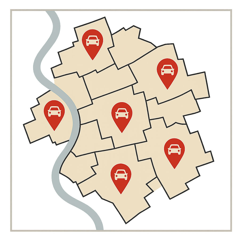 Stadtkarte von Leverkusen mit Markierungen für den Auto Verkaufen Service im Großraum zwischen Köln und Düsseldorf