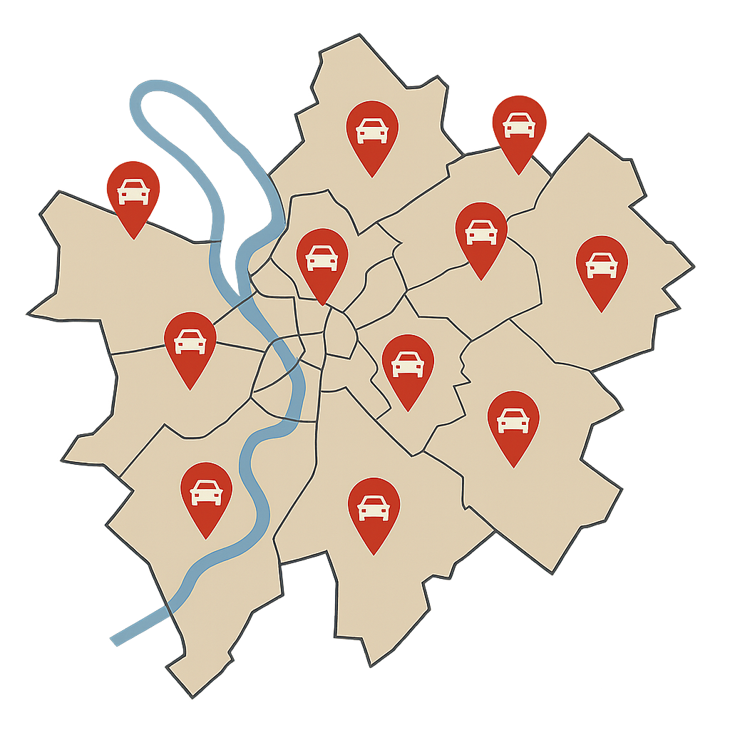 Stadtkarte von Limburg an der Lahn mit Markierungen für den digitalen Auto Verkaufen Service in allen Stadtteilen von Linter bis Eschhofen