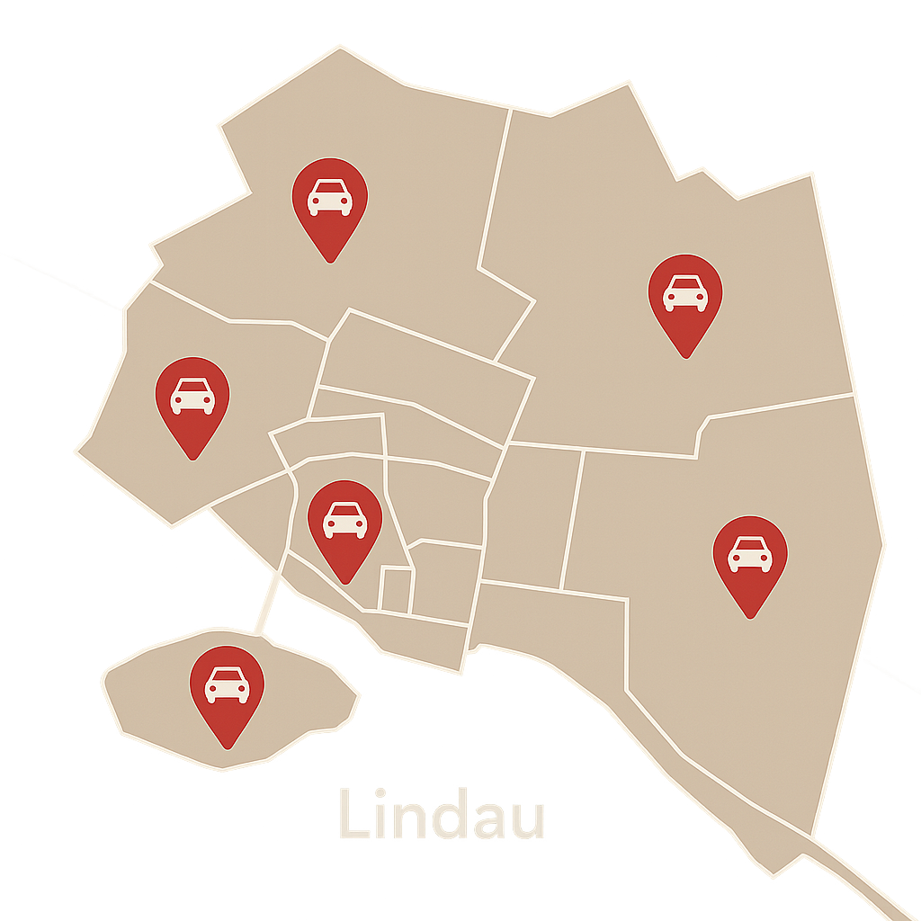 Stadtkarte von Lindau mit Markierungen für Autos in Bodolz Wasserburg Weißensberg und umliegenden Orten zum Auto Verkaufen