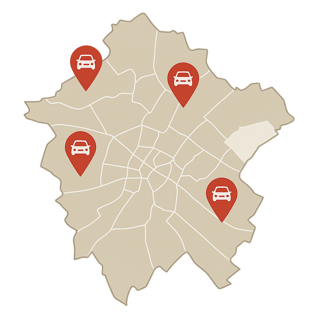 Stadtkarte von Lörrach mit Markierungen für Auto Verkaufen in Stadtteilen wie Stetten Brombach und Salzert