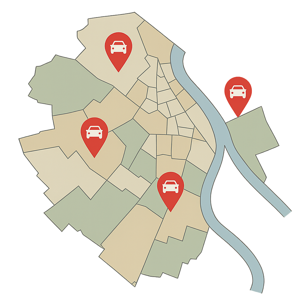 Stadtkarte von Ludwigshafen am Rhein mit Markierungen für regionalen PKW-Ankauf und Auto Verkaufen in der Rhein Neckar Region
