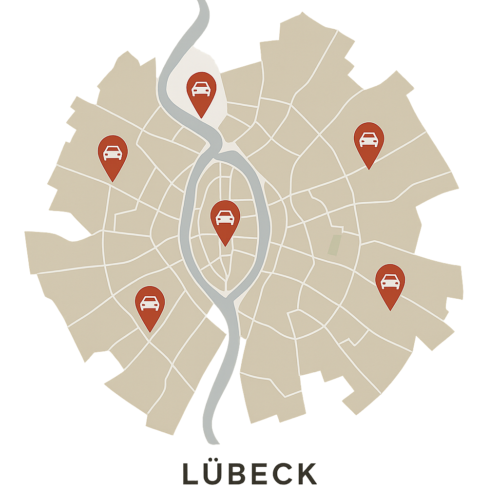 Stadtkarte von Lübeck mit Markierungen für den Autoankauf in verschiedenen Stadtteilen wie St. Jürgen und Travemünde für einen flexiblen Autoverkauf in der ganzen Stadt